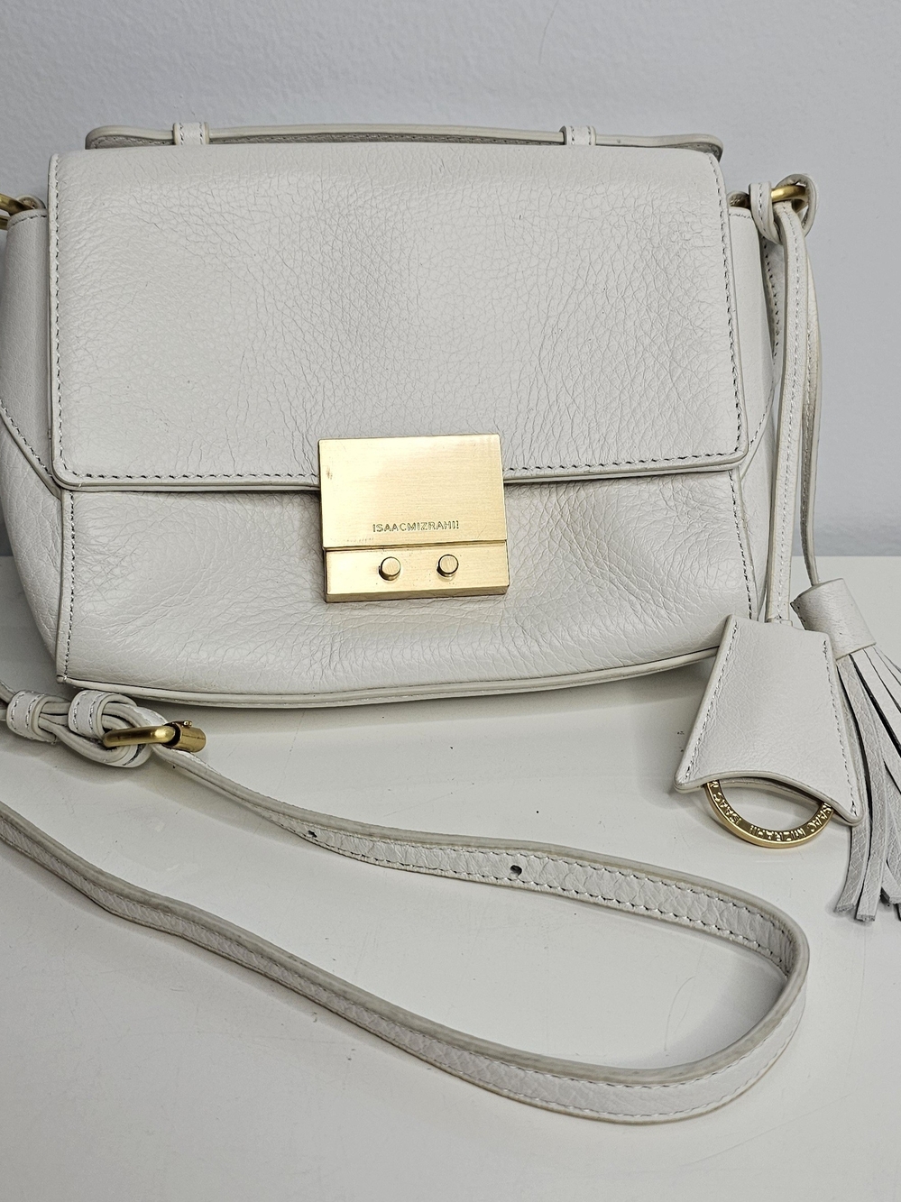Isaac Mizrahi Cream Leather Crossbody with Gold Hardware